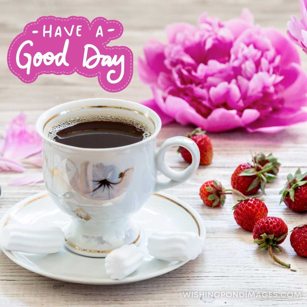 Coffee with marshmallow and strawberries on a light wooden background. Good Morning Coffee Images (2